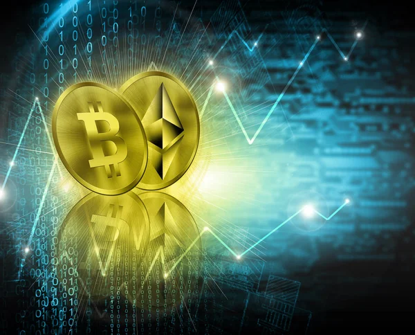 Digitale Währung Ethereum und Bitcoin, futuristisches digitales Geld, Internet-Konzept des globalen Geschäfts. Technologischer Hintergrund — Stockfoto