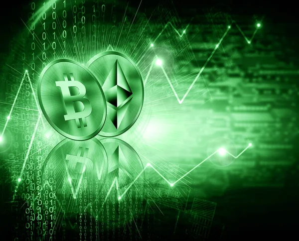 Digitale Währung Ethereum und Bitcoin, futuristisches digitales Geld, Internet-Konzept des globalen Geschäfts. Technologischer Hintergrund — Stockfoto
