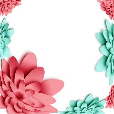 3D arka plan ile beyaz arka plan üzerinde çiçekler. Tebrik kartları, posterlerini açmaları, afiş, el ilanları için şablonlar. Kağıt Sanat. Sosyal ağlar için uygundur.