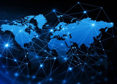 Dünya Haritası üzerinde teknolojik bir arka plan, parlak çizgiler semboller Internet, radyo, televizyon, telefon ve uydu iletişim.