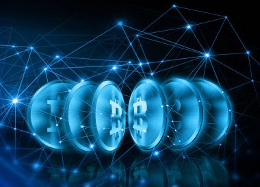 Dijital para bitcoin, fütüristik dijital para, küresel iş kavramı Internet. Teknolojik arka plan