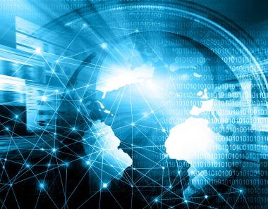 Global iş dünyasının en iyi internet kavramı. Küre, teknolojik arka planda parlayan çizgiler. Wi-Fi, ışınlar, semboller İnternet, 3 boyutlu illüstrasyon