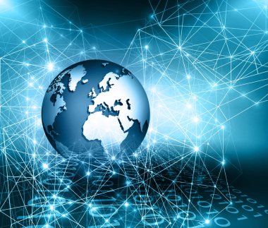 Global iş dünyasının en iyi internet kavramı. Küre, teknolojik arka planda parlayan çizgiler. Wi-Fi, ışınlar, semboller İnternet, 3 boyutlu illüstrasyon