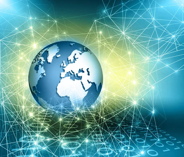 Global iş dünyasının en iyi internet kavramı. Küre, teknolojik arka planda parlayan çizgiler. Wi-Fi, ışınlar, semboller İnternet, 3 boyutlu illüstrasyon