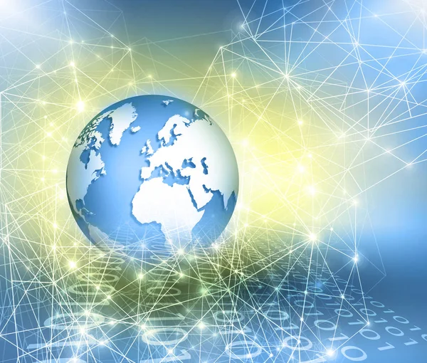 Global iş dünyasının en iyi internet kavramı. Küre, teknolojik arka planda parlayan çizgiler. Wi-Fi, ışınlar, semboller İnternet, 3 boyutlu illüstrasyon