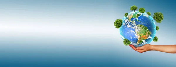 Экологическая концепция окружающей среды с выращиванием деревьев на земле в руках. Планета Земля. Физический глобус Земли. Элементы этого изображения предоставлены НАСА. 3D иллюстрация — стоковое фото
