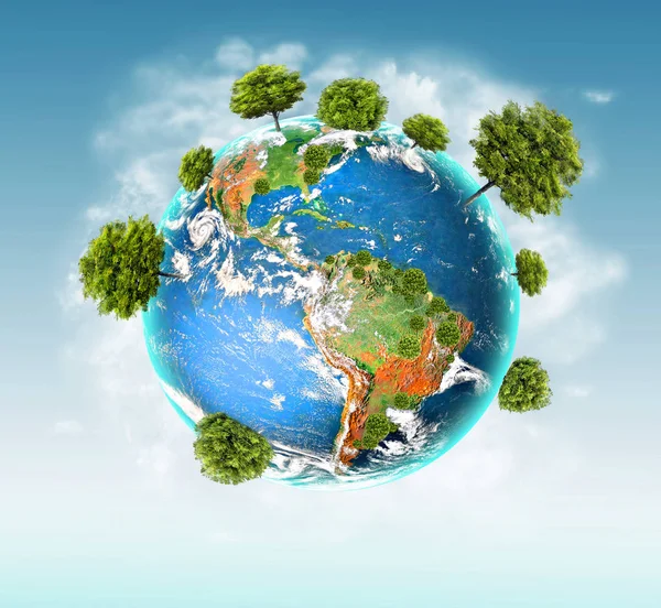 Экологическая концепция окружающей среды с выращиванием деревьев. Планета Земля. Физический глобус Земли. Элементы этого изображения предоставлены НАСА. 3D иллюстрация — стоковое фото