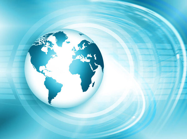 Лучший интернет-проект глобального бизнеса. Глобус, светящиеся линии на технологическом фоне. Wi-Fi, лучи, символы Интернет, 3D иллюстрация
