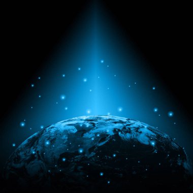 Dünyadan Uzaya. Kavram serisinden küresel iş dünyasının en iyi internet kavramı. Bu görüntünün elementleri NASA tarafından döşenmiştir. 3B illüstrasyon