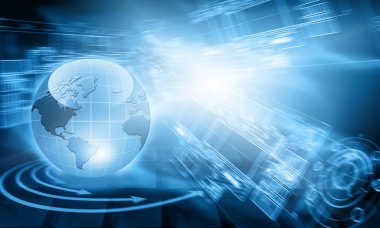 Global iş dünyasının en iyi internet kavramı. Küre, teknolojik arka planda parlayan çizgiler. Wi-Fi, ışınlar, semboller İnternet, 3 boyutlu illüstrasyon