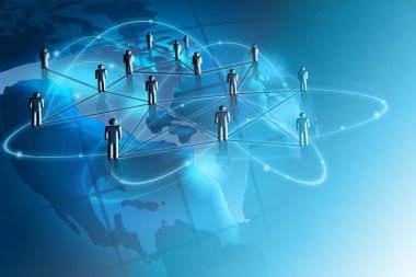 Dünya Haritası üzerinde teknolojik bir arka plan, parlak çizgiler semboller Internet, radyo, televizyon, telefon ve uydu iletişim.