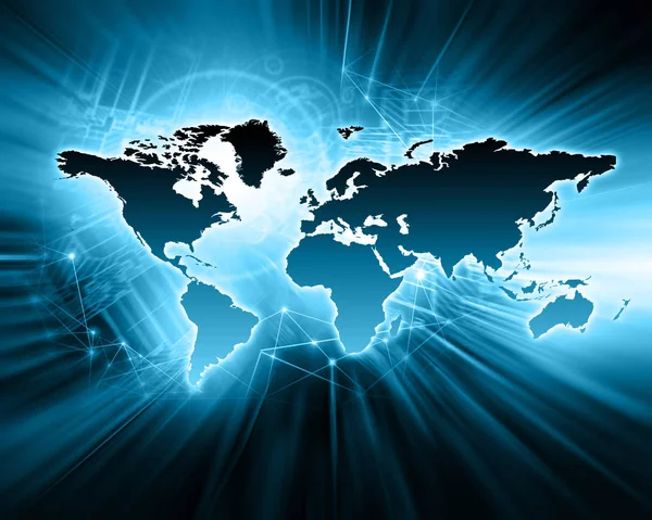 Carte du monde sur un fond technologique, lignes lumineuses symboles de l'Internet, radio, télévision, communications mobiles et par satellite . — Photo