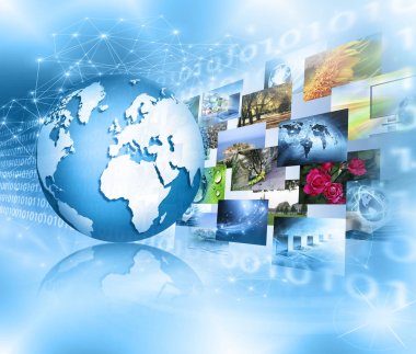 Global iş dünyasının en iyi internet kavramı. Küre, teknolojik arka planda parlayan çizgiler. Wi-Fi, ışınlar, semboller İnternet, 3 boyutlu illüstrasyon