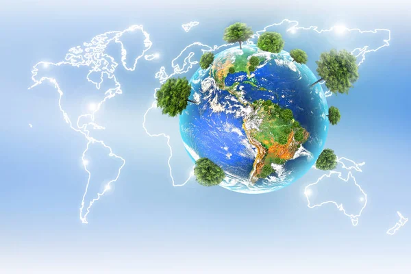 Ecological concept of the environment with the cultivation of trees. Planet Earth. Physical globe of the earth. Elements of this image furnished by NASA. 3D illustration — Stock Photo, Image