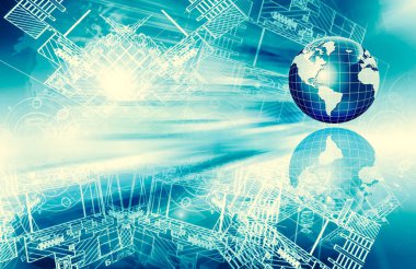 Global iş dünyasının en iyi internet kavramı. Küre, teknolojik arka planda parlayan çizgiler. Wi-Fi, ışınlar, semboller İnternet, 3 boyutlu illüstrasyon
