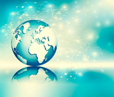 Global iş dünyasının en iyi internet kavramı. Küre, teknolojik arka planda parlayan çizgiler. Wi-Fi, ışınlar, semboller İnternet, 3 boyutlu illüstrasyon