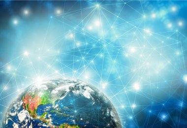 Dünyadan Uzaya. Kavram serisinden küresel iş dünyasının en iyi internet kavramı. Bu görüntünün elementleri NASA tarafından döşenmiştir. 3B illüstrasyon