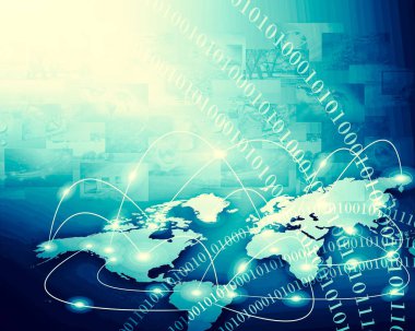 Dünya Haritası üzerinde teknolojik bir arka plan, parlak çizgiler semboller Internet, radyo, televizyon, telefon ve uydu iletişim.