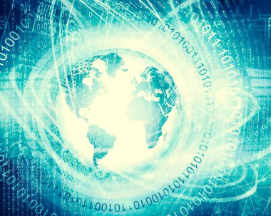 Global iş dünyasının en iyi internet kavramı. Küre, teknolojik arka planda parlayan çizgiler. Wi-Fi, ışınlar, semboller İnternet, 3 boyutlu illüstrasyon