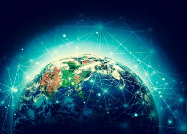 Dünyadan Uzaya. Kavram serisinden küresel iş dünyasının en iyi internet kavramı. Bu görüntünün elementleri NASA tarafından döşenmiştir. 3B illüstrasyon