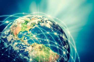 Dünyadan Uzaya. Kavram serisinden küresel iş dünyasının en iyi internet kavramı. Bu görüntünün elementleri NASA tarafından döşenmiştir. 3B illüstrasyon