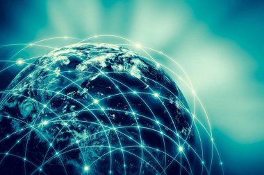 Dünyadan Uzaya. Kavram serisinden küresel iş dünyasının en iyi internet kavramı. Bu görüntünün elementleri NASA tarafından döşenmiştir. 3B illüstrasyon