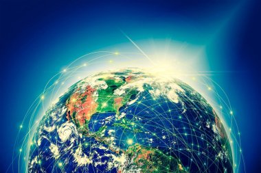Dünyadan Uzaya. Kavram serisinden küresel iş dünyasının en iyi internet kavramı. Bu görüntünün elementleri NASA tarafından döşenmiştir. 3B illüstrasyon