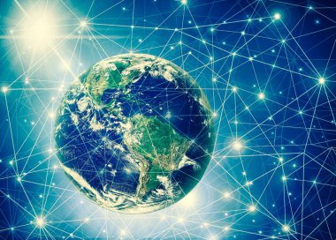 Dünyadan Uzaya. Kavram serisinden küresel iş dünyasının en iyi internet kavramı. Bu görüntünün elementleri NASA tarafından döşenmiştir. 3B illüstrasyon