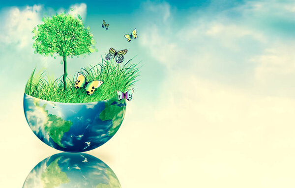 Ecological concept of the environment with the cultivation of trees . Planet Earth. Physical globe of the earth. Elements of this image furnished by NASA. 3D illustration