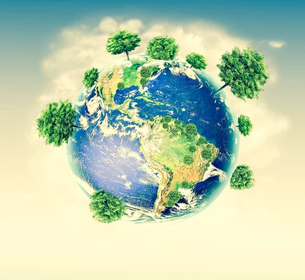 Ekolojik Çevre kavramı ağaç tarımı ile. Dünya gezegeni. Yeryüzünün fiziksel dünya. Nasa tarafından döşenmiş bu görüntü unsurları. 3D çizim — Stok fotoğraf