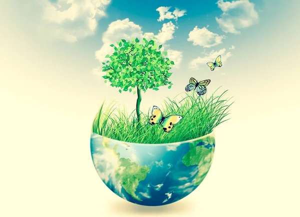 Ekologiska begreppet miljö med odling av träd. Planetjorden. Fysiska världen av jorden. Delar av denna bild från Nasa. 3D illustration — Stockfoto