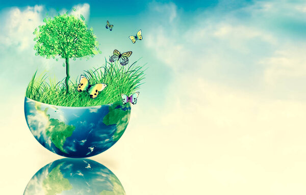 Ecological concept of the environment with the cultivation of trees . Planet Earth. Physical globe of the earth. Elements of this image furnished by NASA. 3D illustration