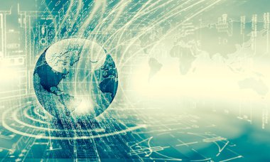 Global iş dünyasının en iyi internet kavramı. Küre, teknolojik arka planda parlayan çizgiler. Wi-Fi, ışınlar, semboller İnternet, 3 boyutlu illüstrasyon