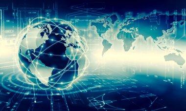 Global iş dünyasının en iyi internet kavramı. Küre, teknolojik arka planda parlayan çizgiler. Wi-Fi, ışınlar, semboller İnternet, 3 boyutlu illüstrasyon