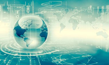 Global iş dünyasının en iyi internet kavramı. Küre, teknolojik arka planda parlayan çizgiler. Wi-Fi, ışınlar, semboller İnternet, 3 boyutlu illüstrasyon