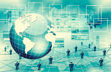 Global iş dünyasının en iyi internet kavramı. Küre, teknolojik arka planda parlayan çizgiler. Wi-Fi, ışınlar, semboller İnternet, 3 boyutlu illüstrasyon