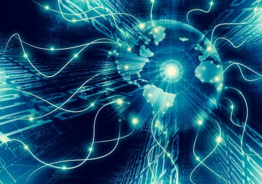 Global iş dünyasının en iyi internet kavramı. Küre, teknolojik arka planda parlayan çizgiler. Wi-Fi, ışınlar, semboller İnternet, 3 boyutlu illüstrasyon