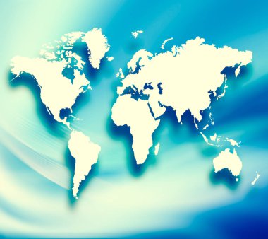 Dünya Haritası üzerinde teknolojik bir arka plan, parlak çizgiler semboller Internet, radyo, televizyon, telefon ve uydu iletişim.