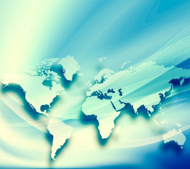 Dünya Haritası üzerinde teknolojik bir arka plan, parlak çizgiler semboller Internet, radyo, televizyon, telefon ve uydu iletişim.