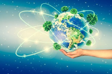 Ekolojik Çevre kavramı ile elleri toprağa ağaç ekimi. Dünya gezegeni. Yeryüzünün fiziksel dünya. Nasa tarafından döşenmiş bu görüntü unsurları. 3D çizim