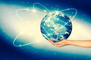 Dünyadan Uzaya. Kavram serisinden küresel iş dünyasının en iyi internet kavramı. Bu görüntünün elementleri NASA tarafından döşenmiştir. 3B illüstrasyon