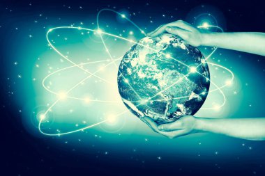 Dünyadan Uzaya. Kavram serisinden küresel iş dünyasının en iyi internet kavramı. Bu görüntünün elementleri NASA tarafından döşenmiştir. 3B illüstrasyon