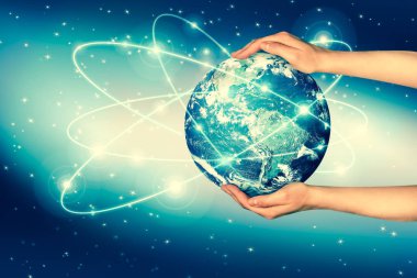 Dünyadan Uzaya. Kavram serisinden küresel iş dünyasının en iyi internet kavramı. Bu görüntünün elementleri NASA tarafından döşenmiştir. 3B illüstrasyon