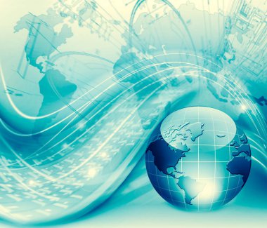 Global iş dünyasının en iyi internet kavramı. Küre, teknolojik arka planda parlayan çizgiler. Wi-Fi, ışınlar, semboller İnternet, 3 boyutlu illüstrasyon