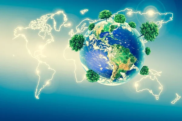 Ecological concept of the environment with the cultivation of trees . Planet Earth. Physical globe of the earth. Elements of this image furnished by NASA. 3D illustration — Stock Photo, Image