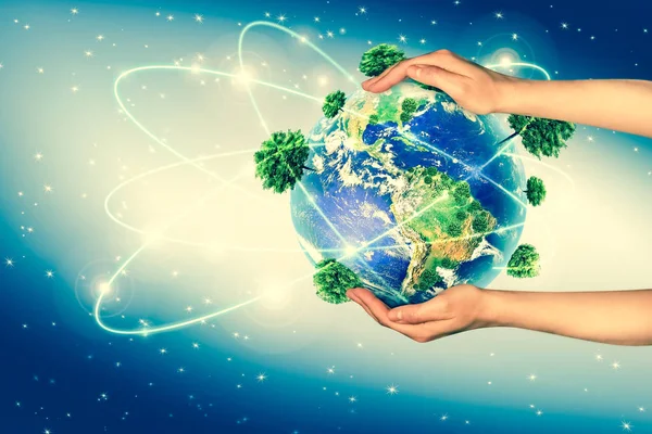 Ecological concept of the environment with the cultivation of trees on the ground in the hands. Planet Earth. Physical globe of the earth. Elements of this image furnished by NASA. 3D illustration — Stock Photo, Image