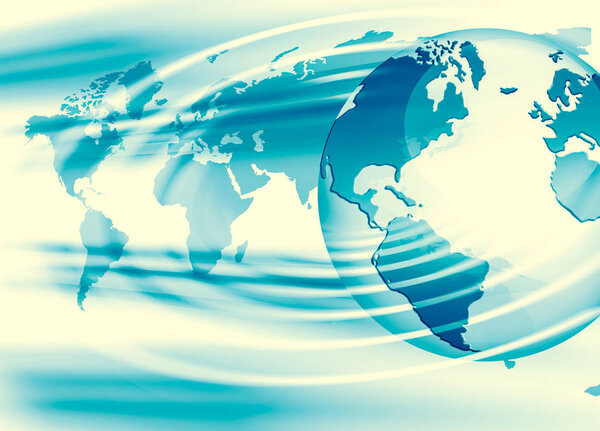 Лучший интернет-проект глобального бизнеса. Глобус, светящиеся линии на технологическом фоне. Wi-Fi, лучи, символы Интернет, 3D иллюстрация
