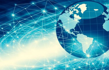 Global iş dünyasının en iyi internet kavramı. Küre, teknolojik arka planda parlayan çizgiler. Wi-Fi, ışınlar, semboller İnternet, 3 boyutlu illüstrasyon