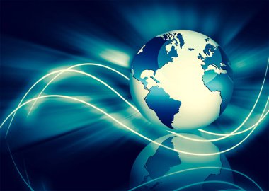 Global iş dünyasının en iyi internet kavramı. Küre, teknolojik arka planda parlayan çizgiler. Wi-Fi, ışınlar, semboller İnternet, 3 boyutlu illüstrasyon
