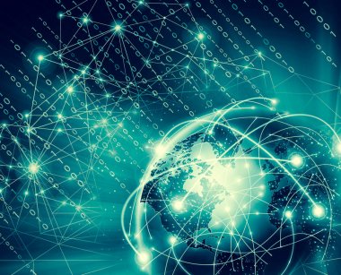 Global iş dünyasının en iyi internet kavramı. Küre, teknolojik arka planda parlayan çizgiler. Wi-Fi, ışınlar, semboller İnternet, 3 boyutlu illüstrasyon